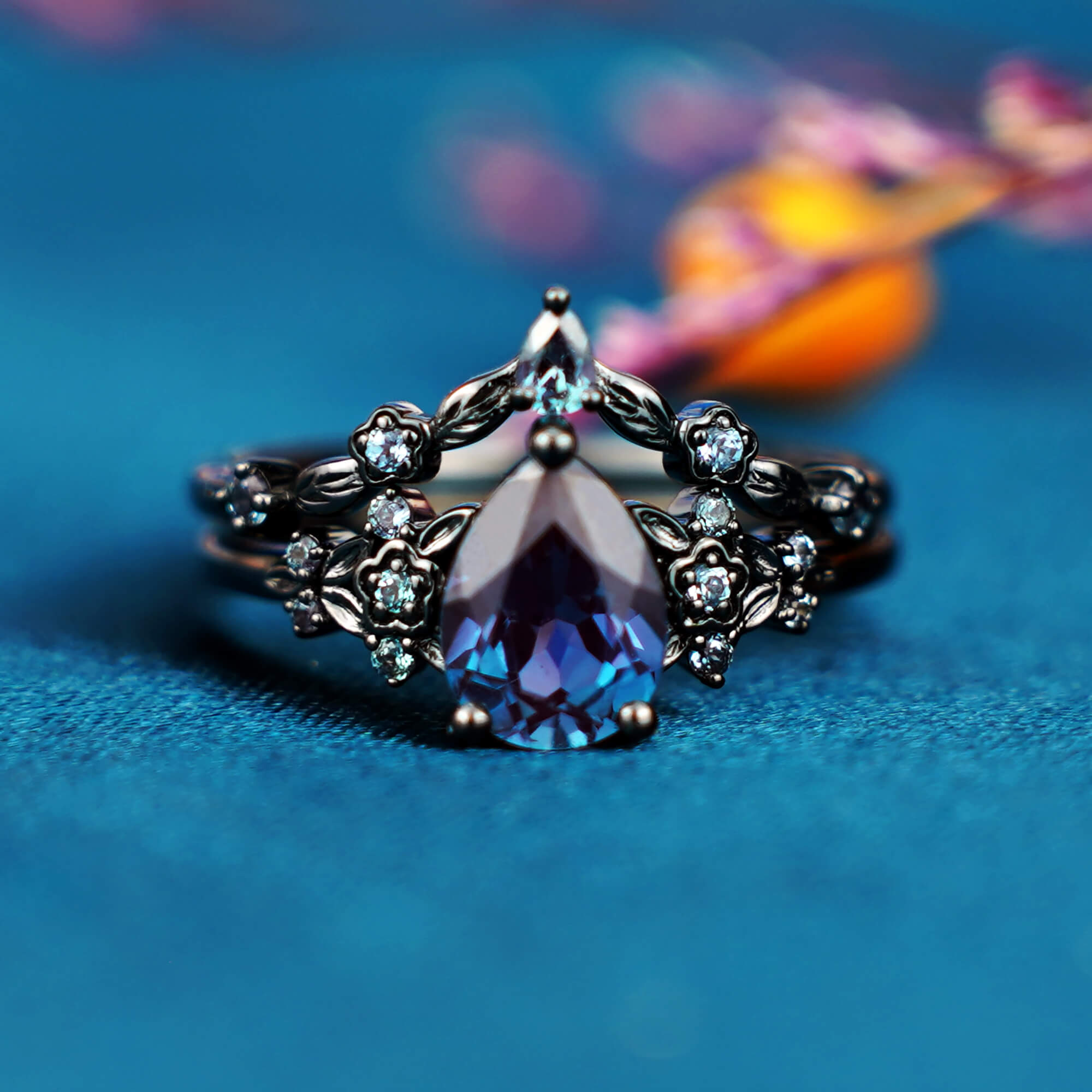 Gothic Black Gold Pear Shape Alexandrite Engagement Ring Set