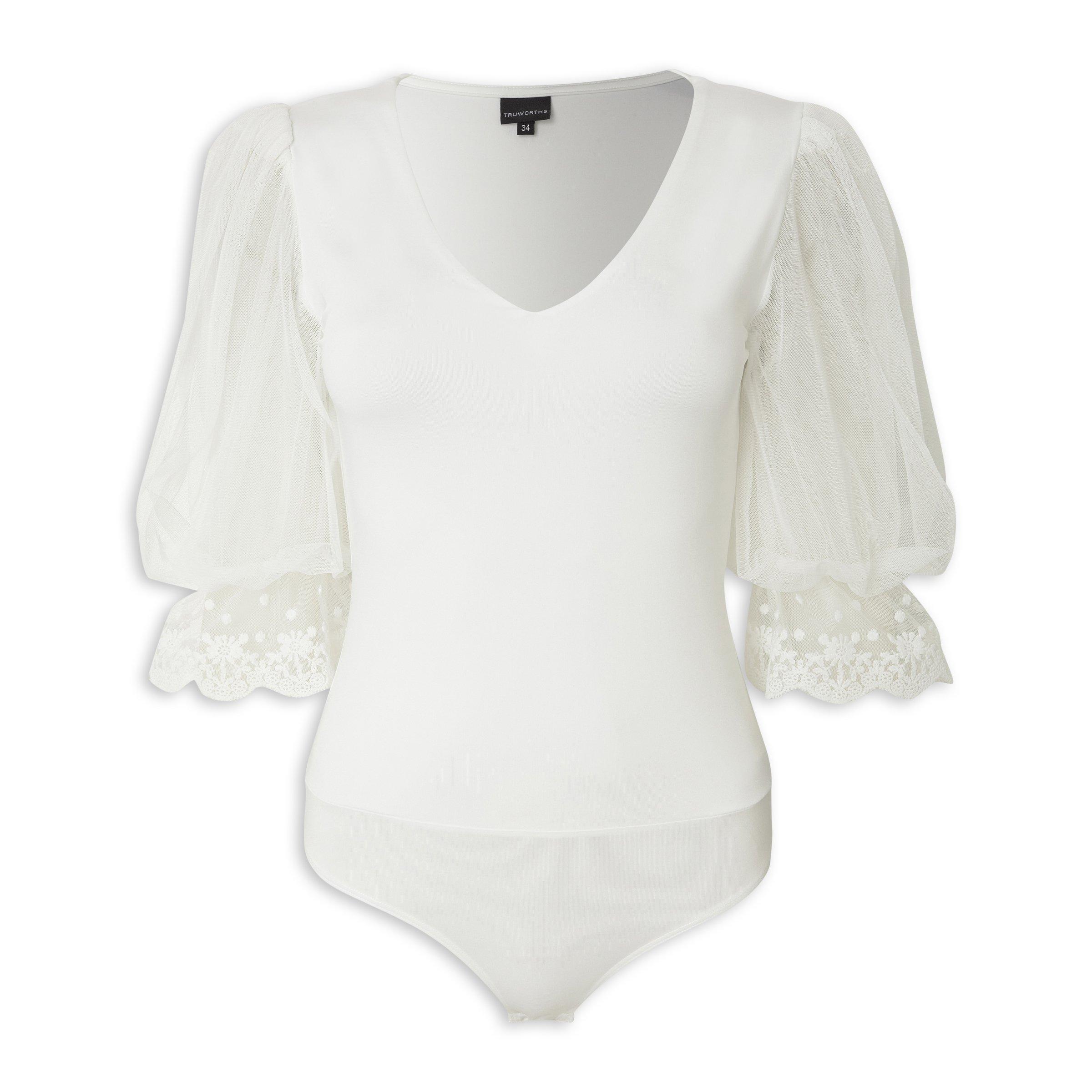 White Lace Trim Sleeve Detail Bodysuit (3224499) | Truworths