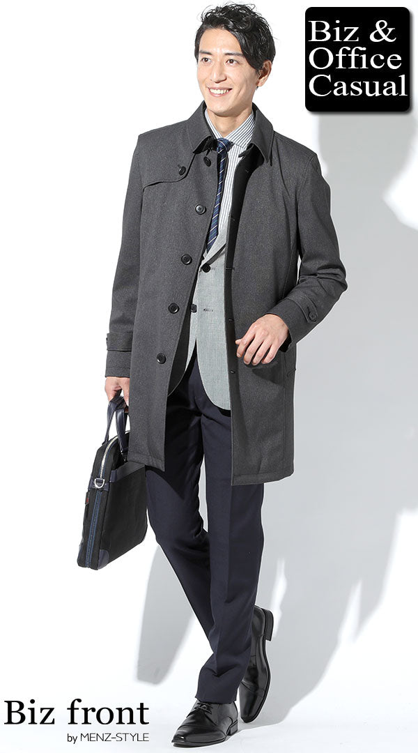 グレーステンカラーコート×千鳥格子テーラードジャケット×グリーン