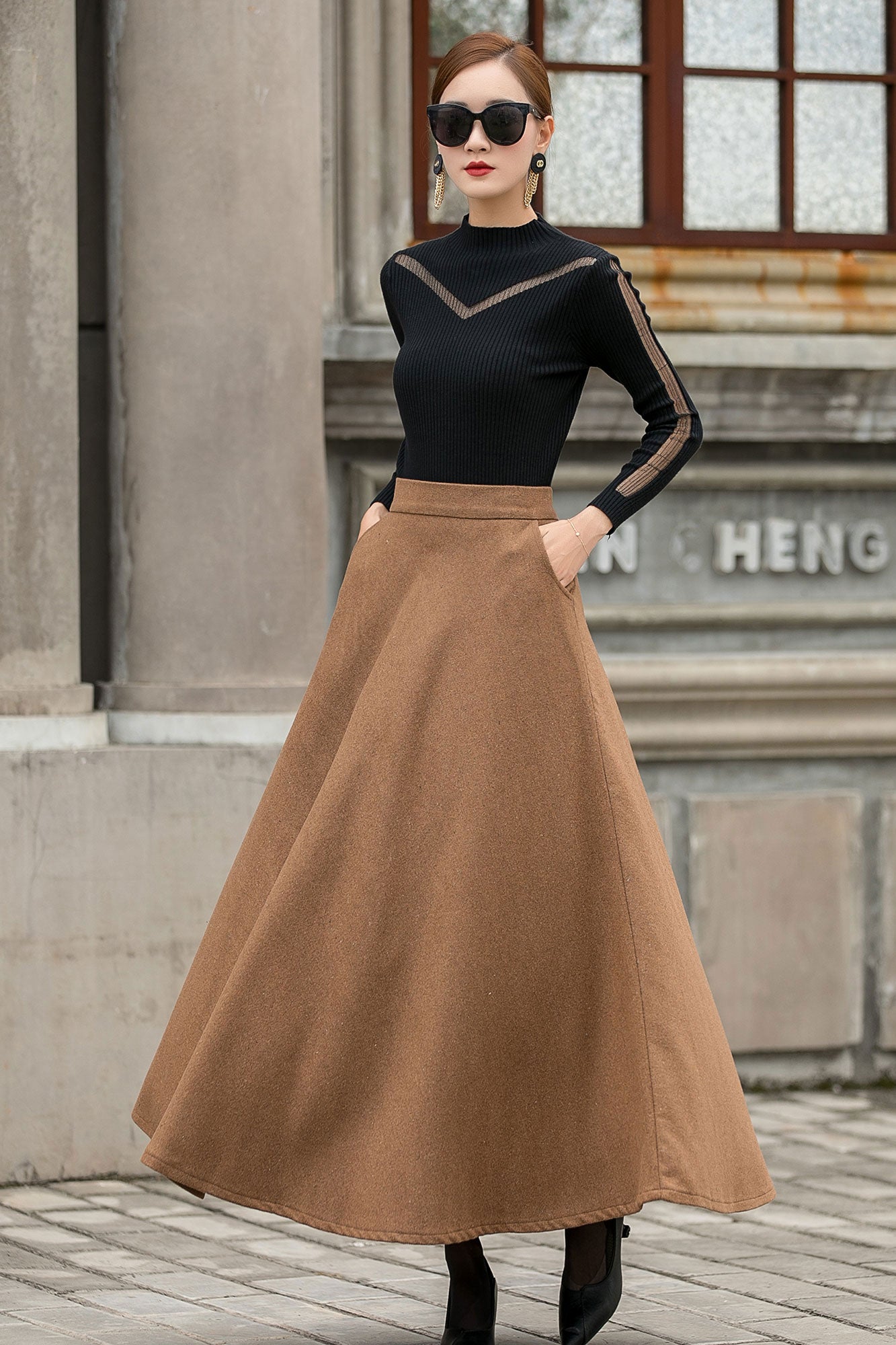 Vintage Camel Wool Maxi Skirt – Elegant Warmth for Autumn & Winter