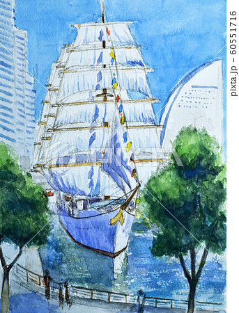 横浜みなとみらいの日本丸パークにて 水彩のイラスト素材 [60551716
