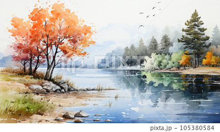 木々の紅葉が水面に映る美しい水辺の風景：水彩画のイラスト素材