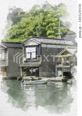 水彩画風 伊根 伊根の舟屋 京都府与謝郡伊根町のイラスト素材