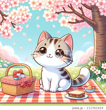 鮮やかな色合いで可愛らしい猫のキャラクターのイラスト。猫が満開の