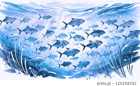 青い海中を泳ぐ魚の群れ 美しい水中の生態系イラストのイラスト素材