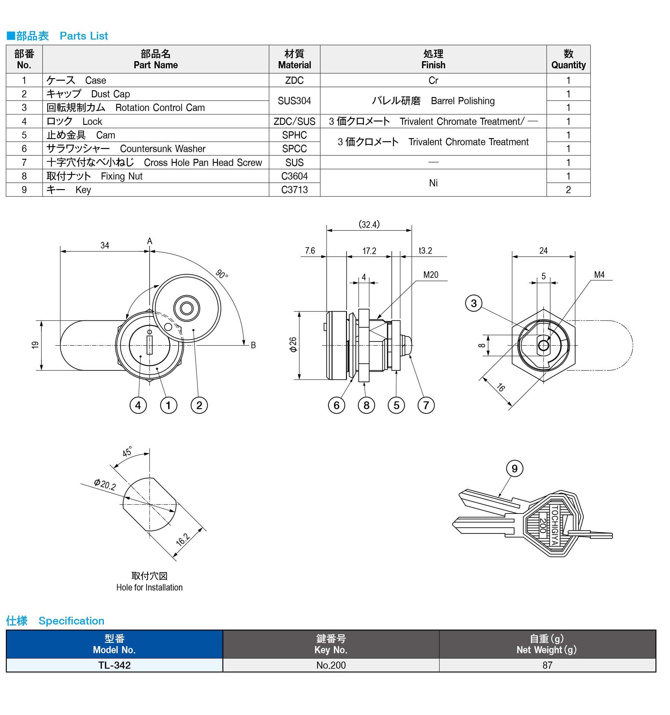 栃木屋EC_キャップ付シリンダー錠: キャッチ・ラッチ・ファスナー