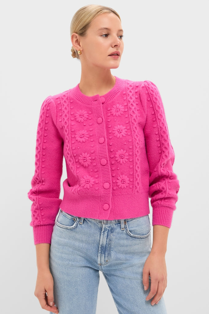 Hot Pink Embroidered Floral Frankie Cardigan | Hyacinth House