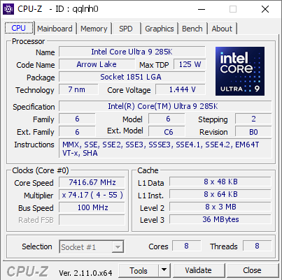 Intel Core Ultra 9 285K @ 7416.67 MHz - CPU-Z VALIDATOR