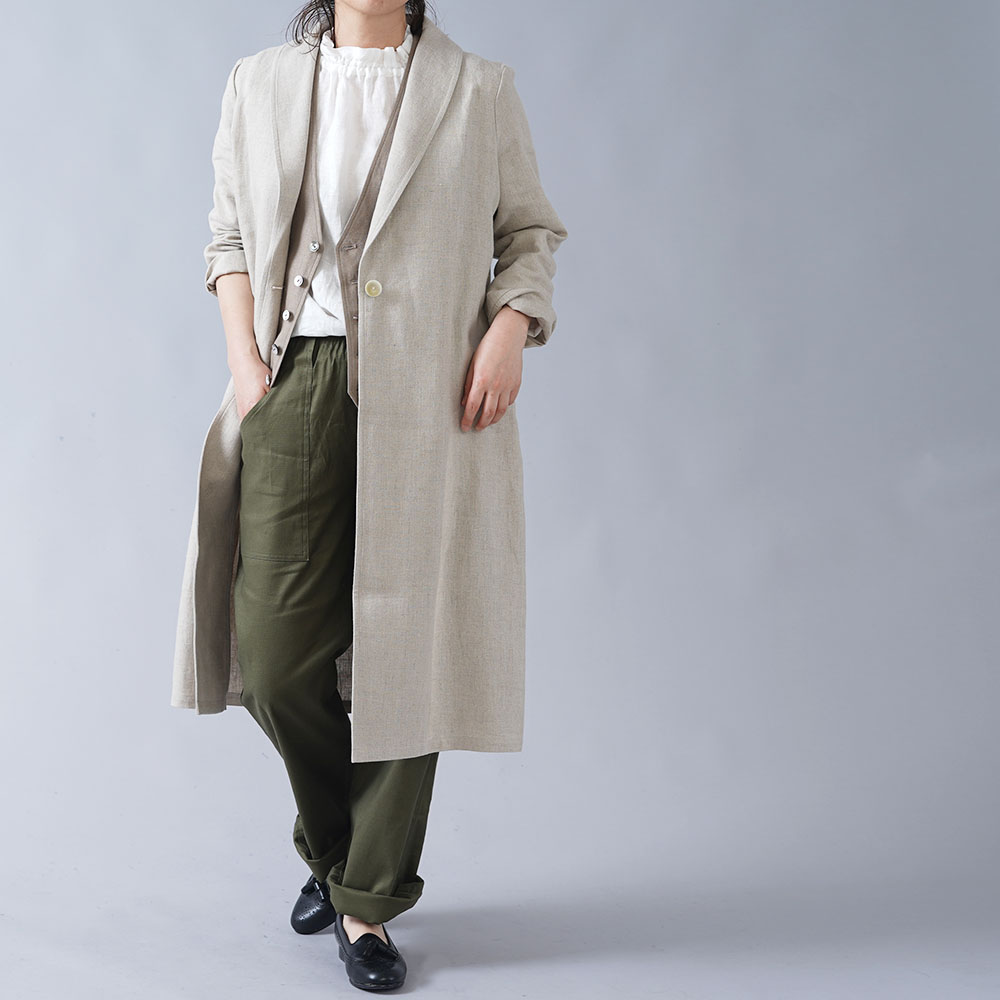 中厚 リネン羽織 アウター ロング丈 ショールカラーコート ヘチマ襟