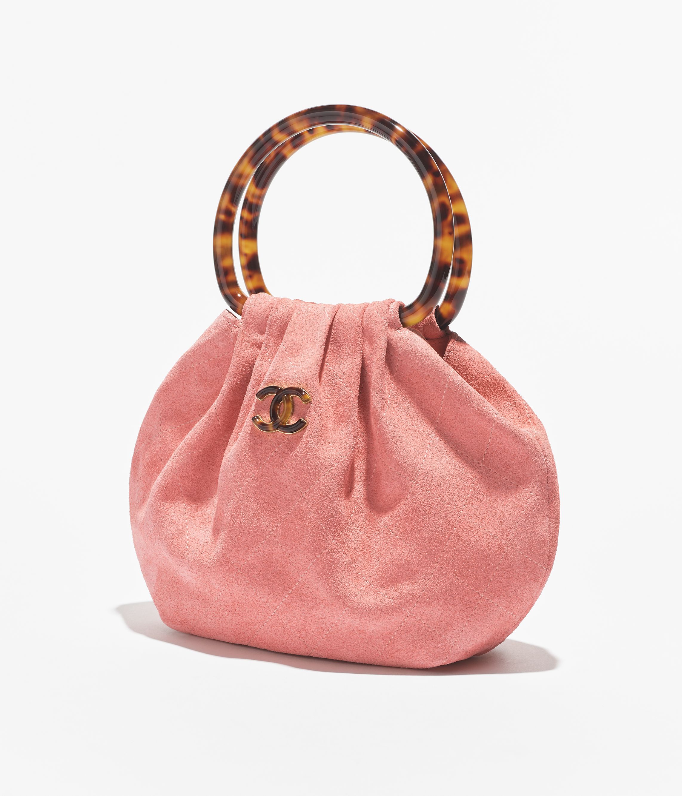 Small hobo bag, Suede calfskin, turtoise-shell effect plexi & gold
