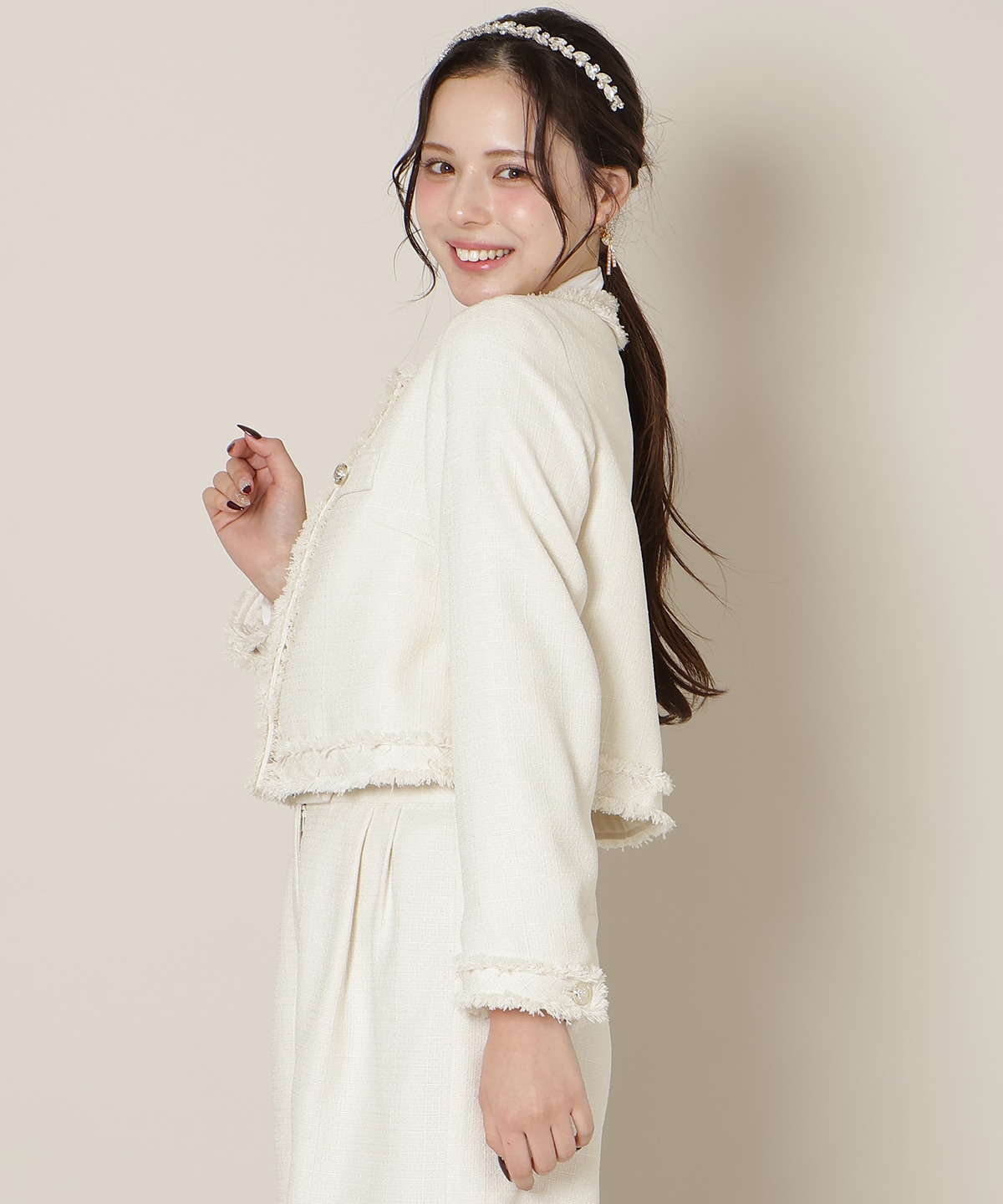 ノーカラーフリンジツイードジャケット(F ホワイト): WILLSELECTION