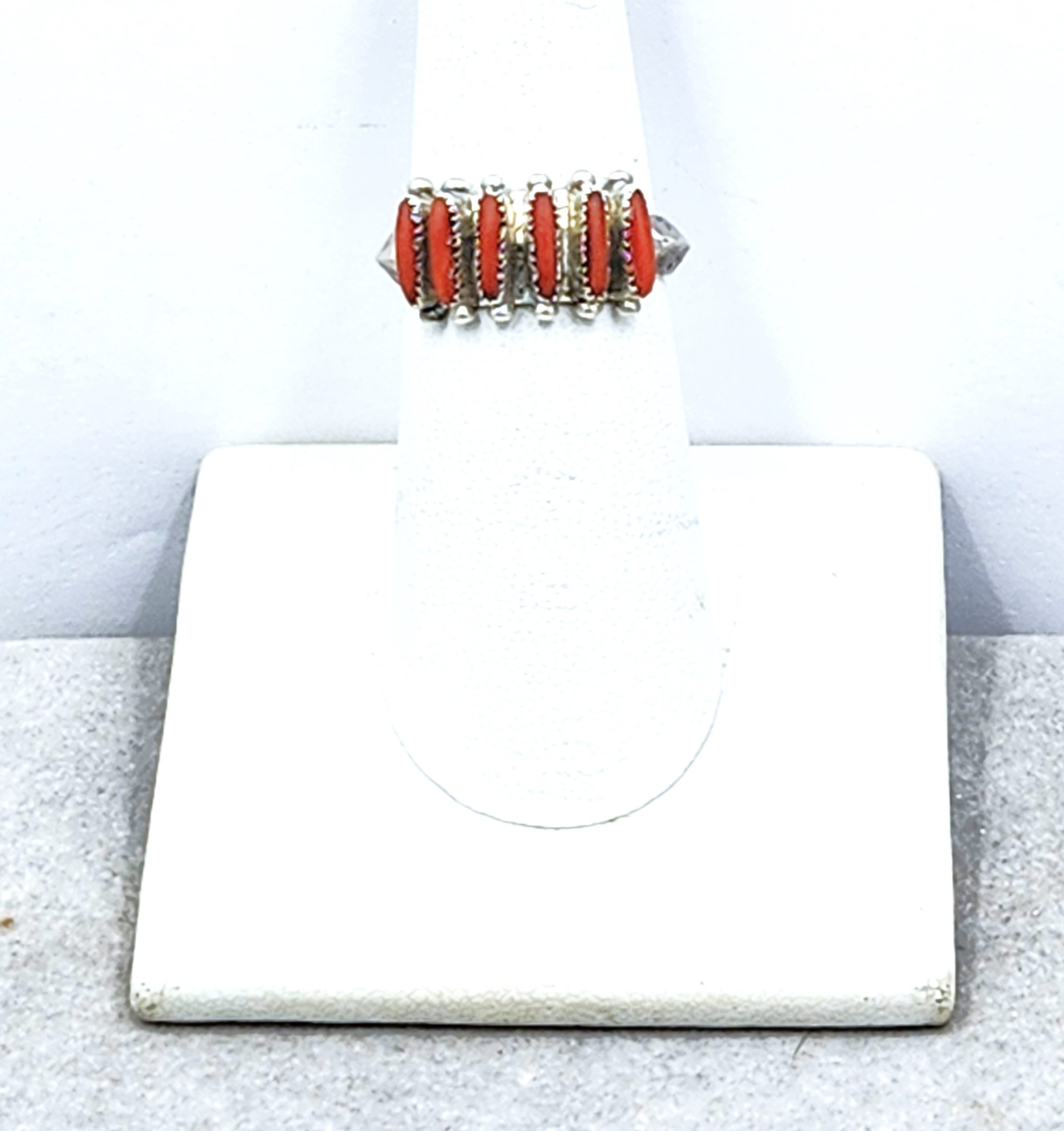 Vintage Janice Paloma Zuni Needlepoint Coral Sterling Silver Ring