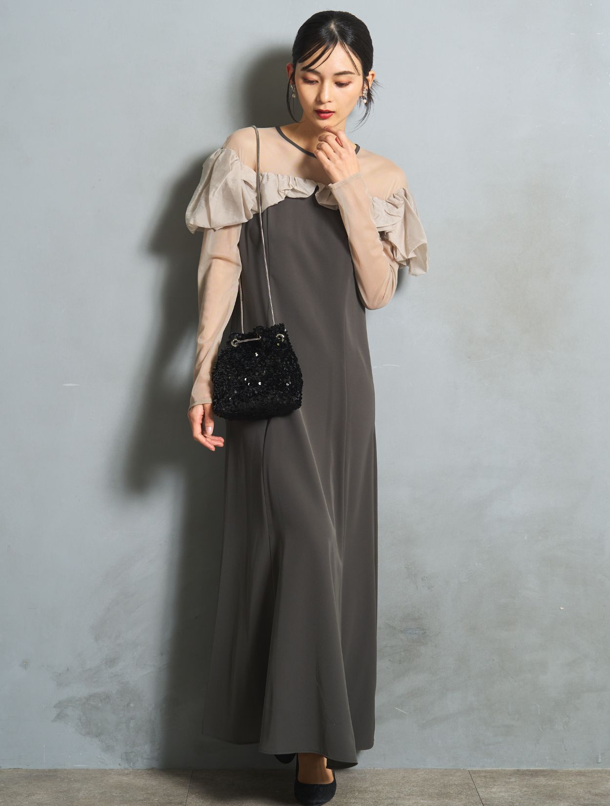 M/L】ラッフルフリルロングスリーブドレス（スモークグレー）DPSET0758