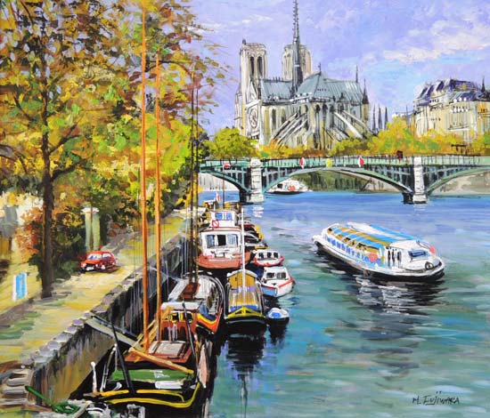 絵画 油絵 セーヌ河・ノートルダム寺院 フランス・パリ （藤原英信
