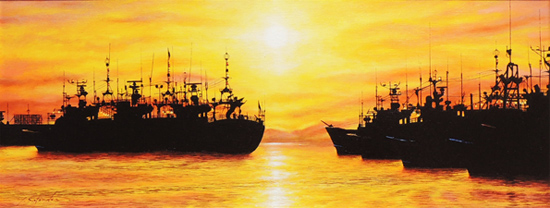 絵画 油絵 朝の港 送料無料 【肉筆】【油絵】【風景】【横長】 商品