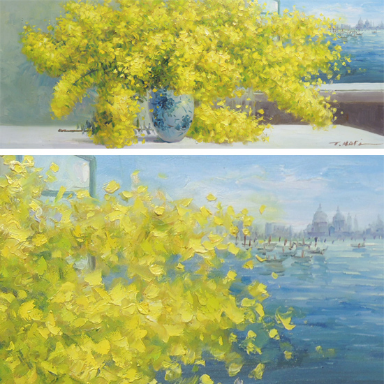 絵画 油絵 ミモザ （堀哲夫） 送料無料 【肉筆】【油絵】【花】【横長