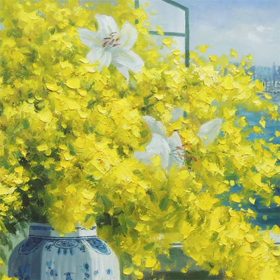 絵画 油絵 ミモザとカサブランカ F20号 （堀哲夫） 送料無料 【肉筆