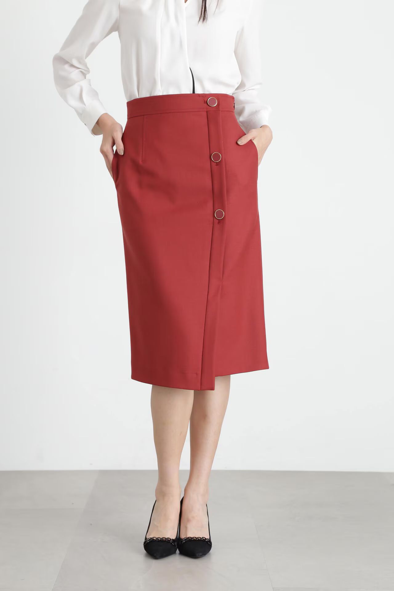 PINKY&DIANNE - ラップタイトスカート (レッド) / ポリエステル