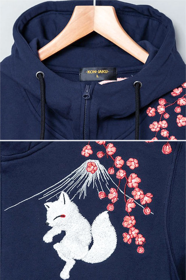 清風明月総刺繍裏毛ジップパーカー 今昔 KJ-29257 和柄 和風 狐 キツネ