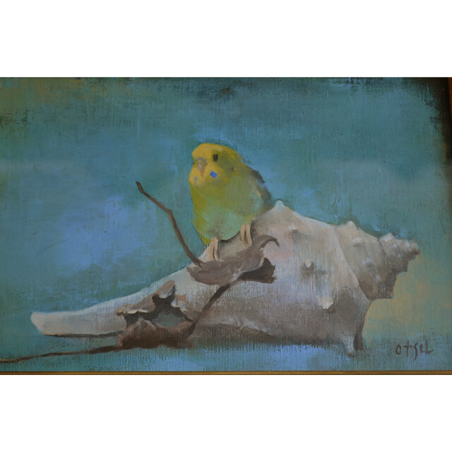 小鳥と貝と枯葉」 五百住乙人画 Antique Sam's Collection