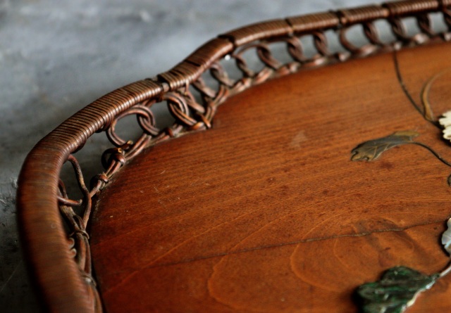 芝山象嵌蒔絵 ムクゲ紋長盆 蒔絵盆籐編 螺鈿 民藝 煎茶盆 民藝