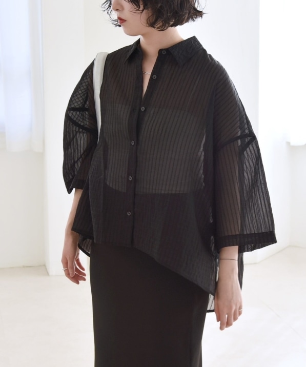 quaranciel:〈手洗い可能〉シアー ストライプ ボーダー ビッグ シャツ