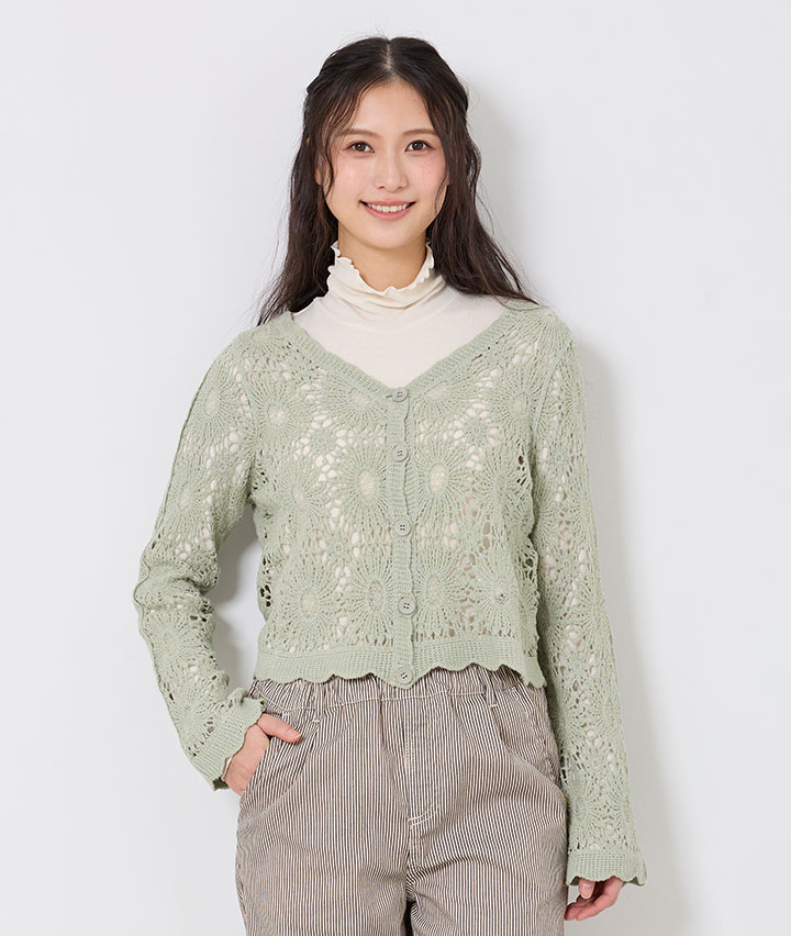 クロシェVネックカーディガン(Mサイズ ミント): レディース