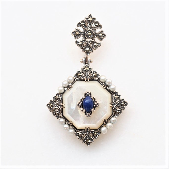 SV ラピスラズリ＆白蝶貝 レースブローチペンダント – 碌山ショップ