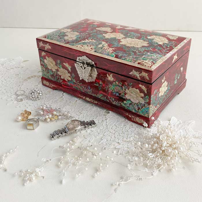 螺鈿の高級ジュエリーボックス 牡丹レッド 大容量2段スライド収納