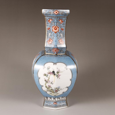 乾隆王朝 琺瑯彩花鳥六方景徳鎮花瓶｜輸入マート