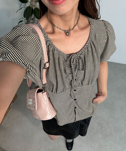 neutral】ギンガムチェックパフスリーブリボンブラウス（シャツ