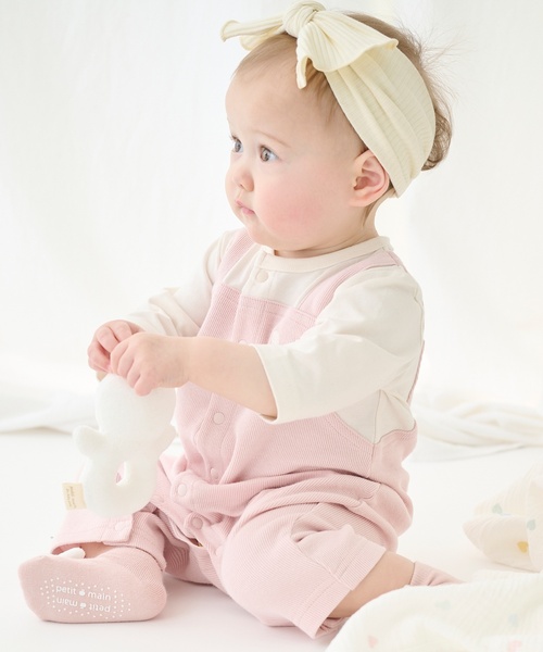 アニマル刺しゅうサロペ風カバーオール（ロンパース）｜petit main