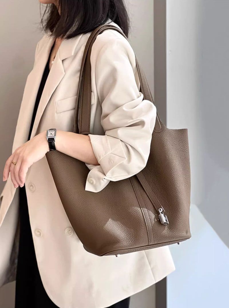 ピコタンGM風 本革キューブバッグ Lサイズ 26cm ブラック エトゥープ