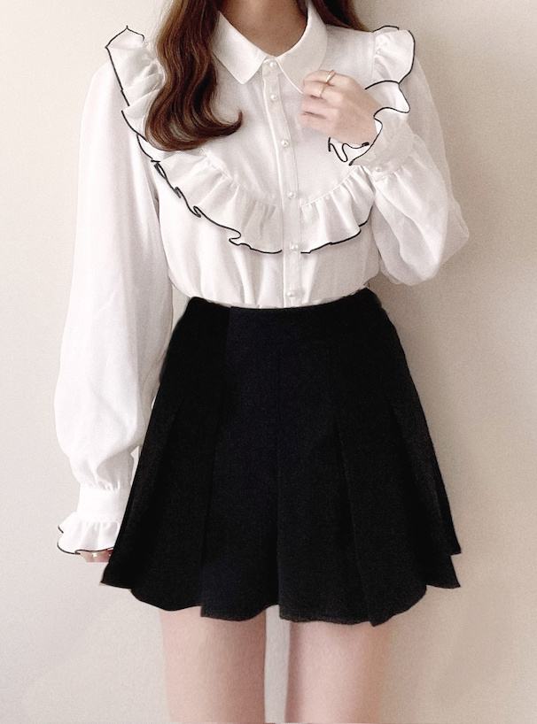 配色フリルパールボタンブラウス[gc114] | レディースファッション通販