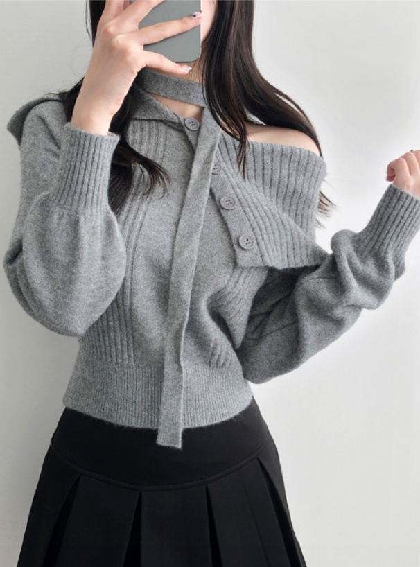 2Wayタイ付きビッグカラーニットトップス[ks198] | レディース