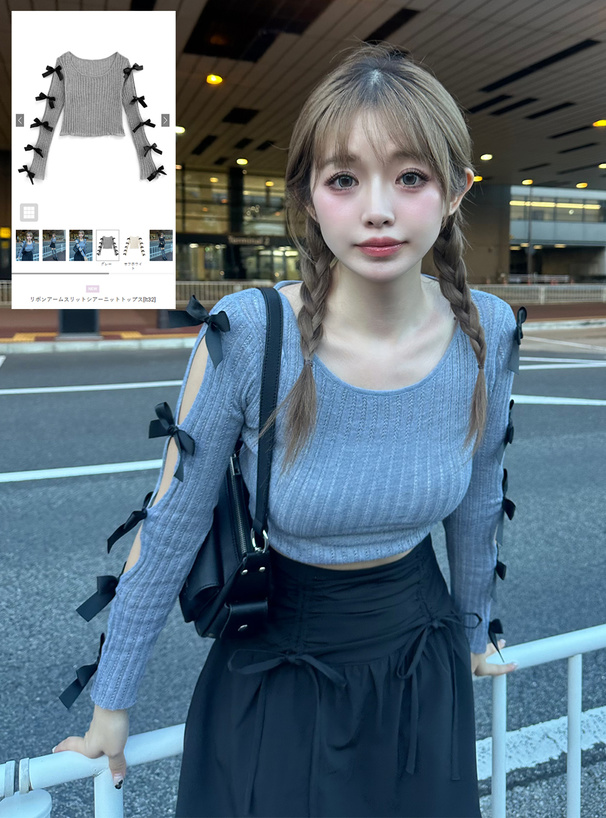 リボンアームスリットシアーニットトップス[lt32] | レディース