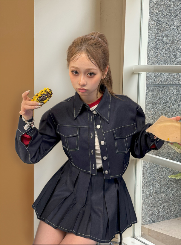 ショート丈ジャケット×プリーツミニスカートセットアップ[ta198