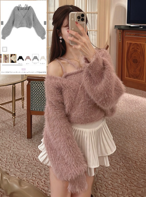 キャミ付きラメシャギーニットカシュクールトップス[mb1572