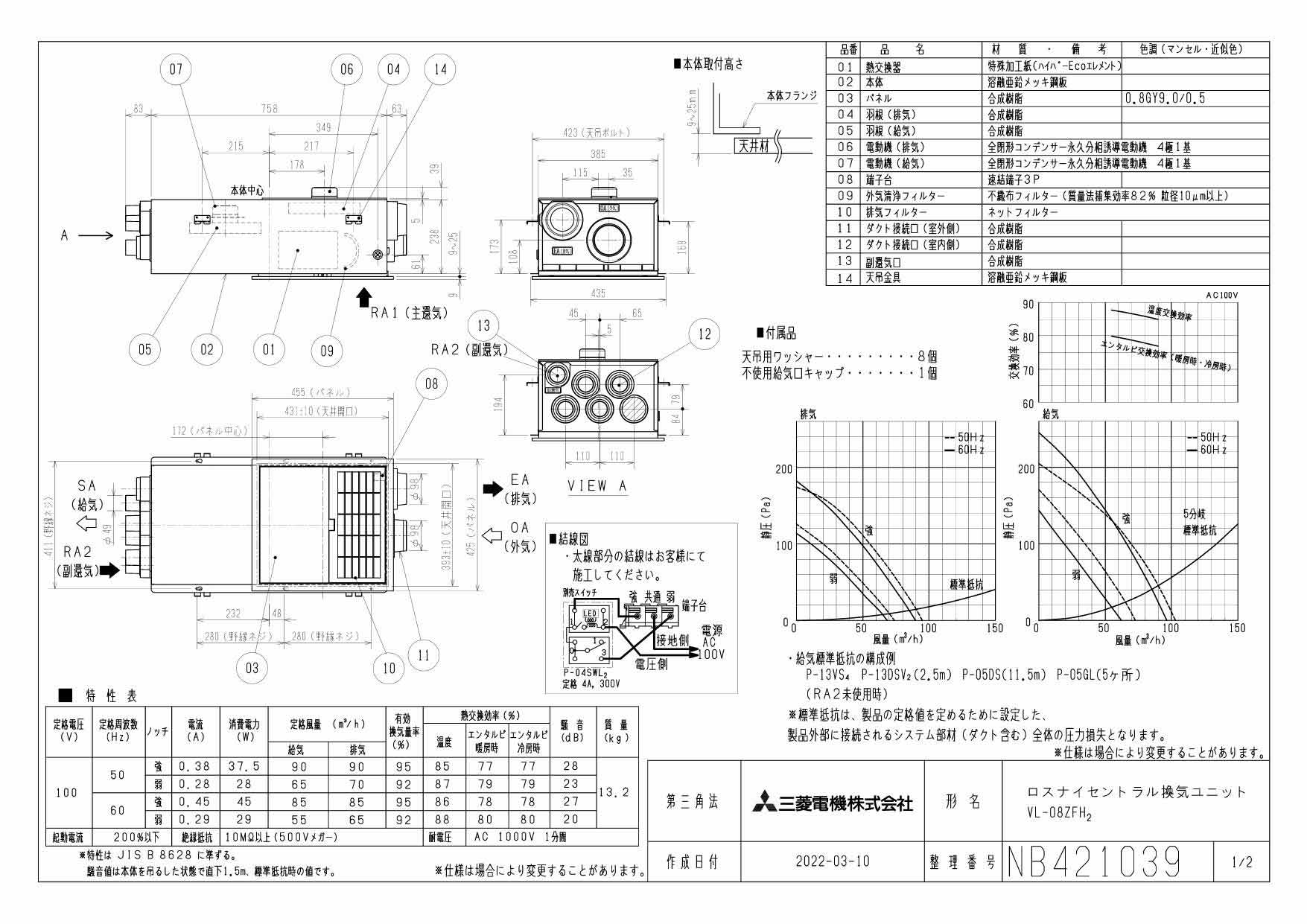 VL-08ZFH2 | 換気扇 | ○三菱電機 ロスナイ セントラル換気システム