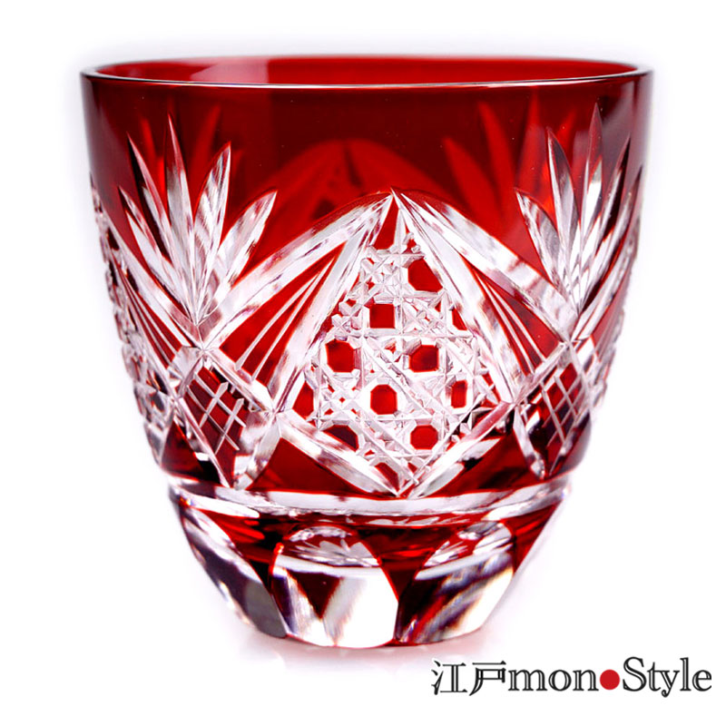 江戸切子ぐい呑み(八角籠目/赤)【名入れ可】 江戸monoStyle