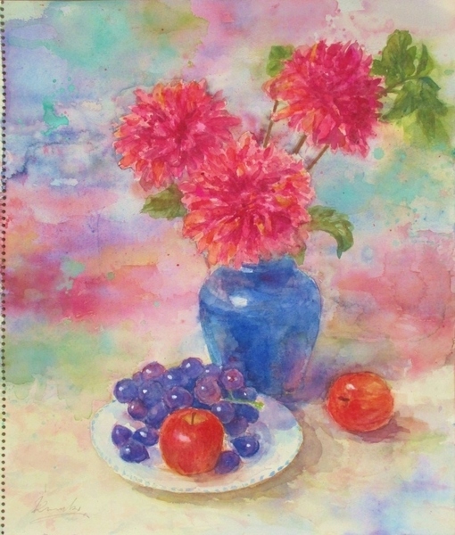 ダリアの花とフルーツのある静物」 by Urara｜Artmeter｜暮らしを彩る