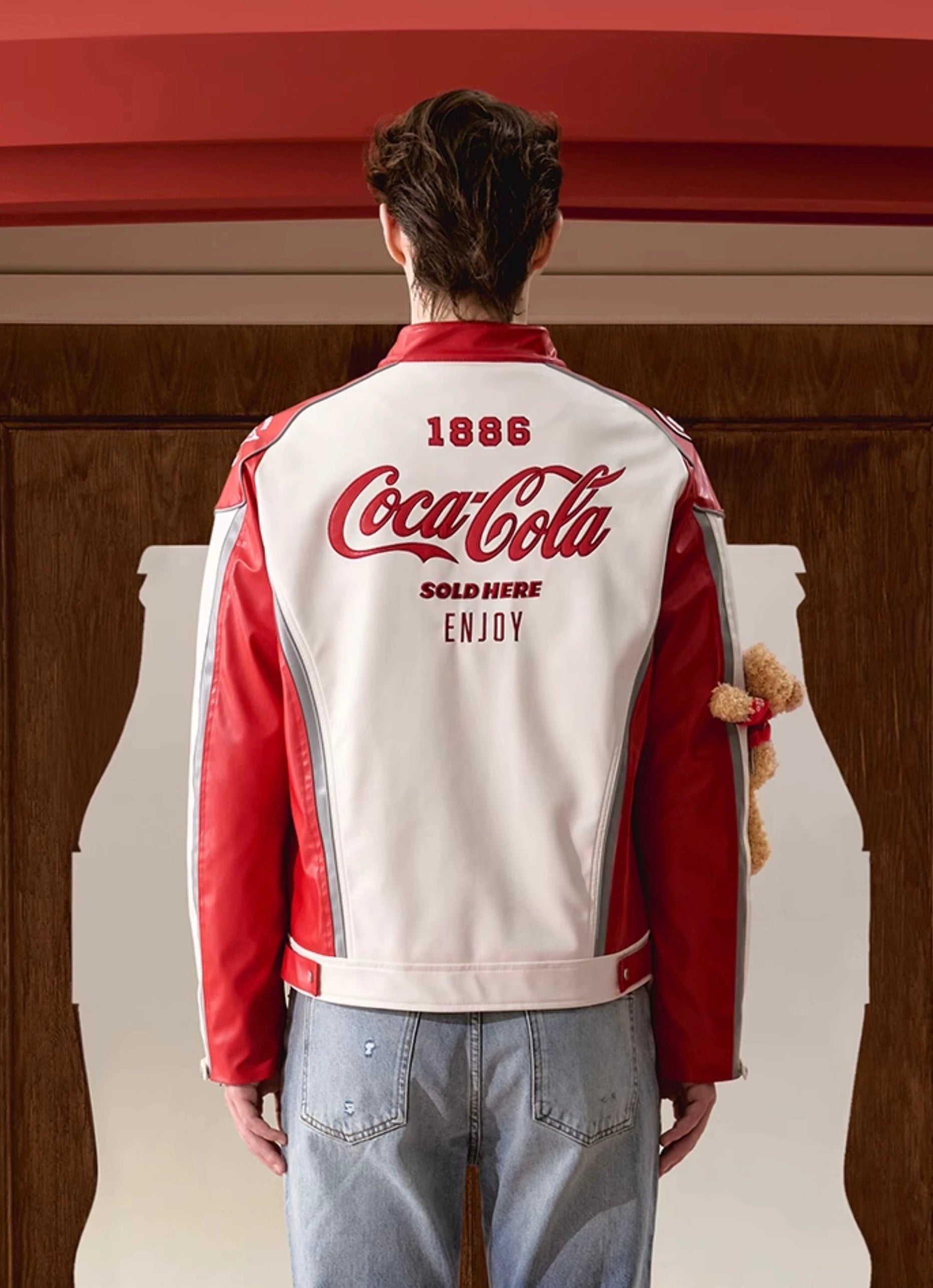 13DE MARZO x Coca-Cola Bear Racing Leather Jacket Racing Red