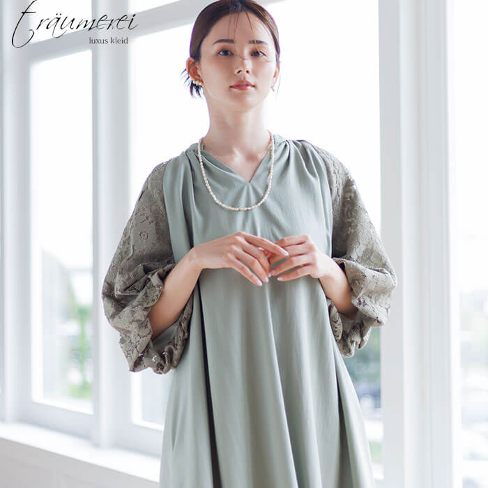 WEB限定｜フラワーレースのボリュームスリーブドレス 9号・グリーン