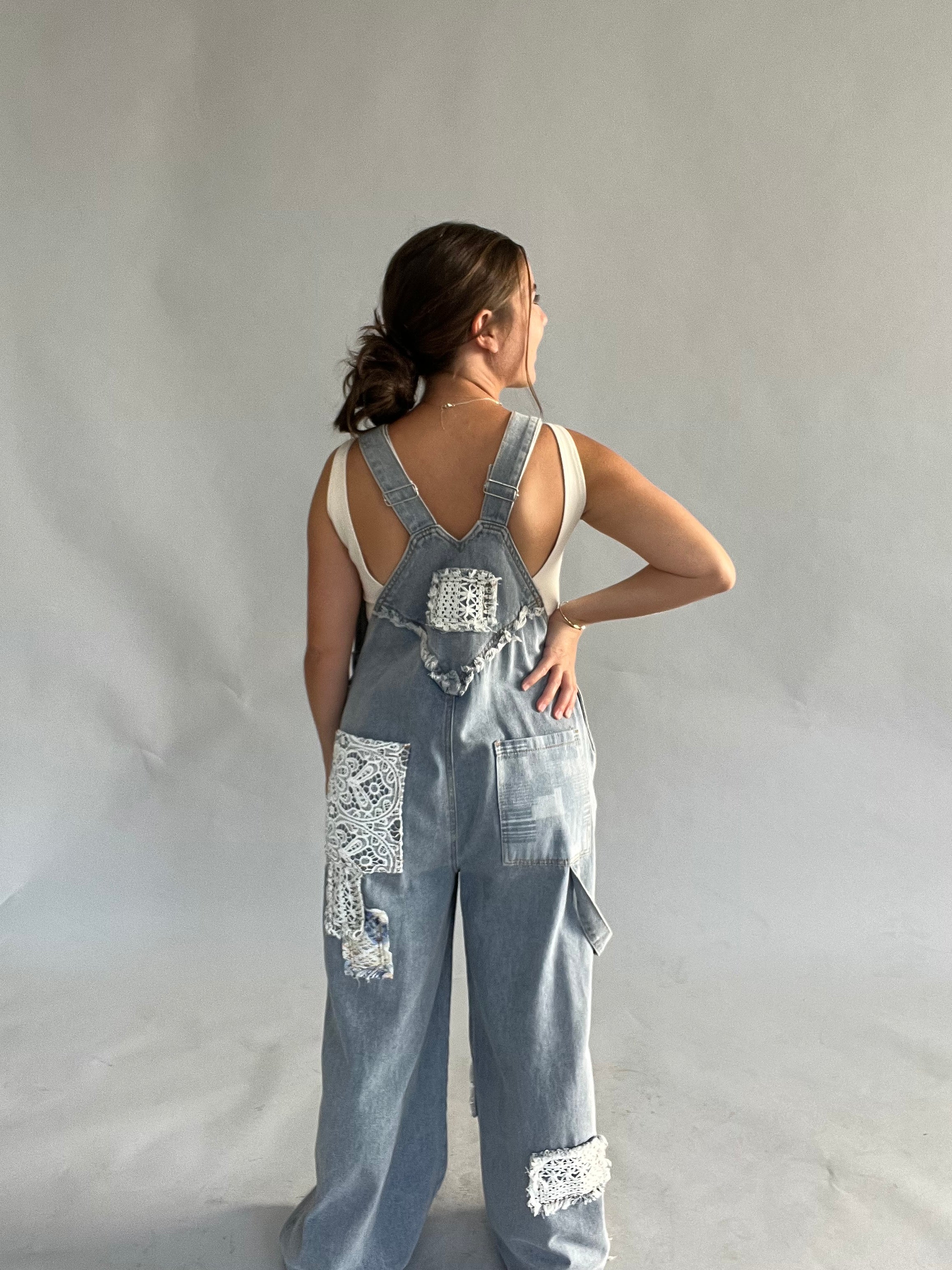 Cotton Denim Overalls with Crochet Patchwork – Golden on Garden