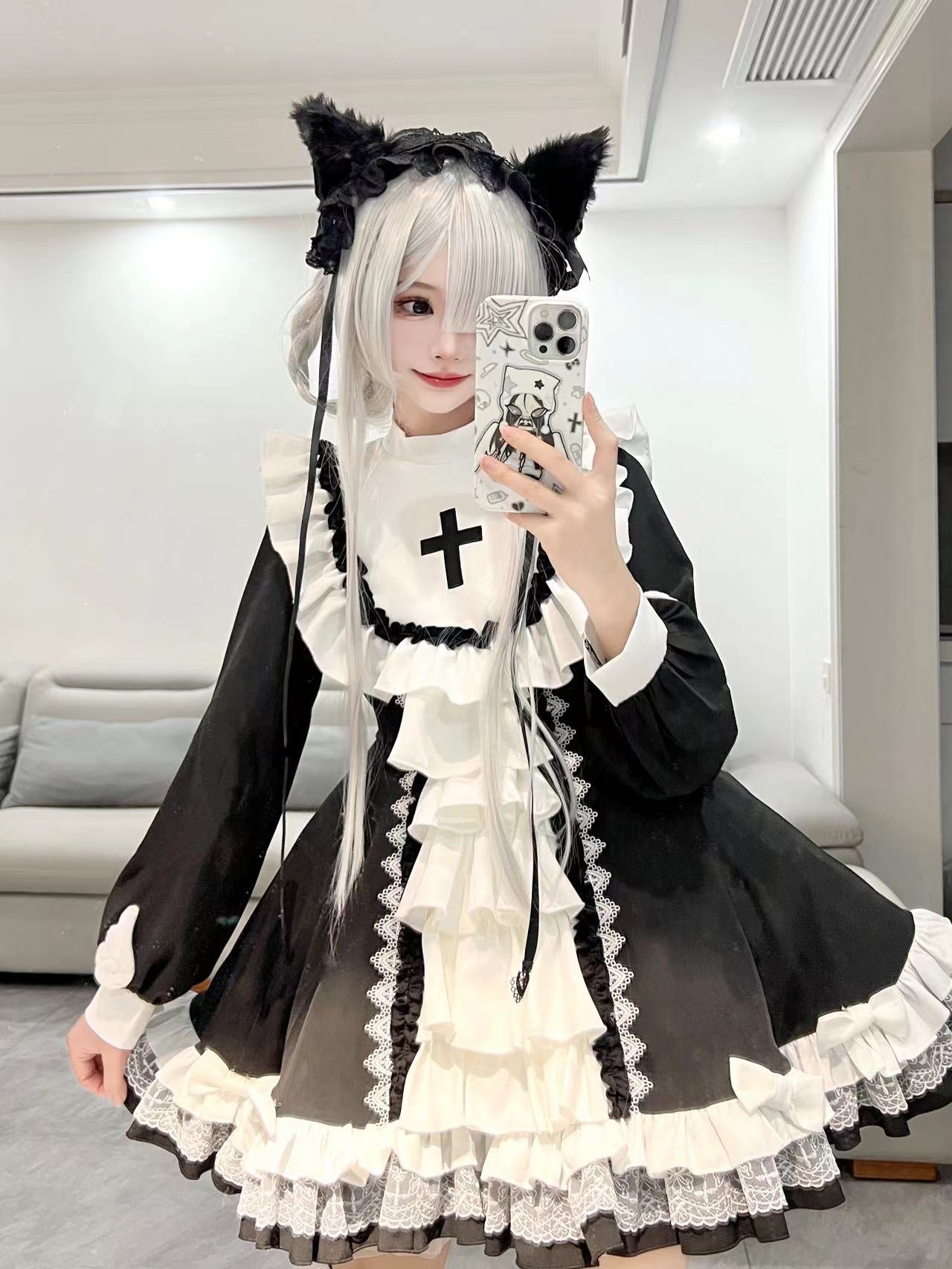 黒と白のゴシック修道女 ロリータショートドレス – 個性的な