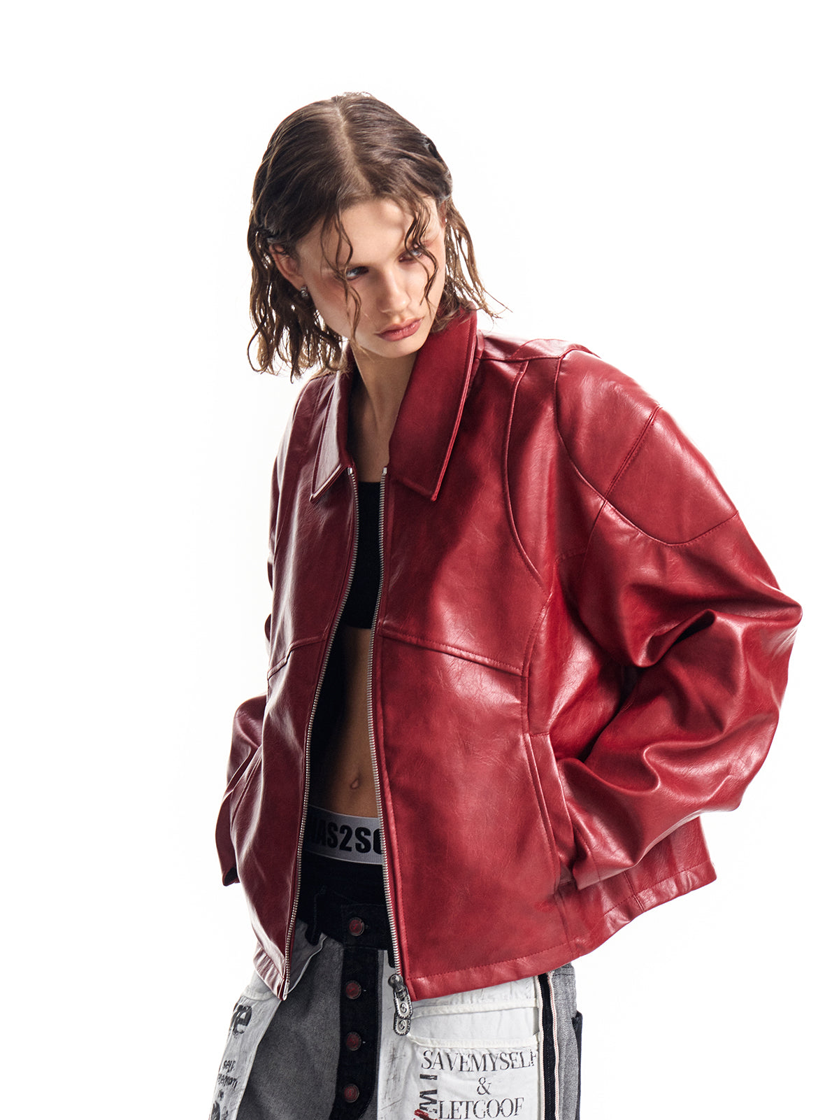 HAS2SONS red curved blade sleeve PU leather jacket 024