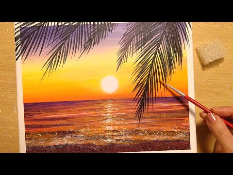 How to draw [Sunset / Tropical Sea] with acrylic paint / painting