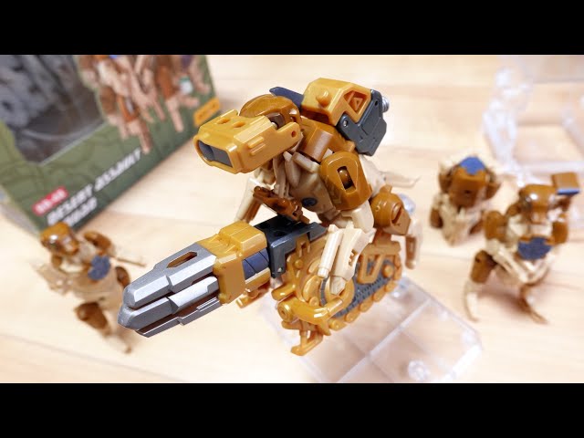 Transforms into 4 separate soldiers! Includes vehicle and full