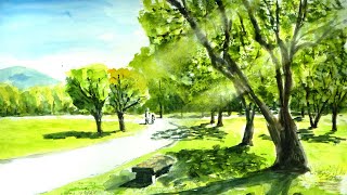 初夏の公園と爽やかな日差し 【透明水彩風景画】 ／ Early summer and