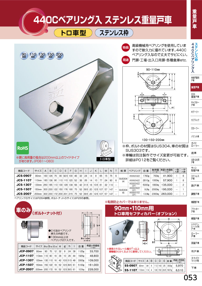 JCS-1107｜440Cベアリング入 ステンレス重量戸車｜ヨコヅナ